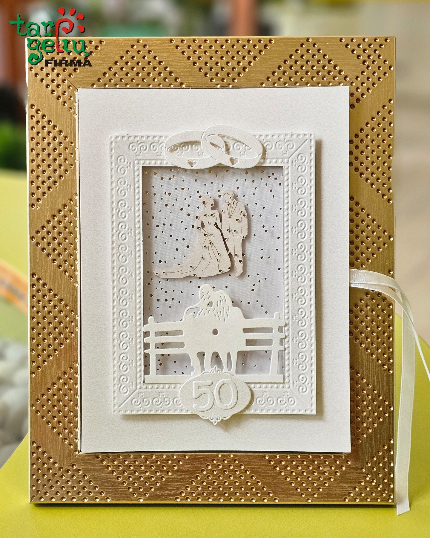 Sveikinimas rėmelyje su vokeliu "Auksinės vestuvės"